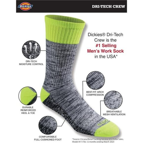 Mens Moisture Wicking Crew Socks Arch Support Breathable Cotton Sock Pack - Picture 2 of 6